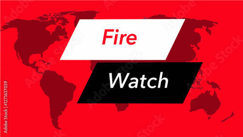 Fire warning banner.  A television weather banner, known as an “over the shoulder”  is seen with a map of the world showing the United States. Colors are red, black and this is a vector graphic .