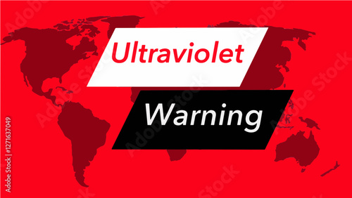 Ultraviolet warning.   A television weather banner, known as an “over the shoulder”  is seen with a map of the world showing the United States. Colors are red, black and this is a vector graphic .
