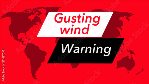 Gusting wind warning banner.  A television weather banner, known as an “over the shoulder”  is seen with a map of the world showing the United States. Colors are red, black and this is a vector graphi