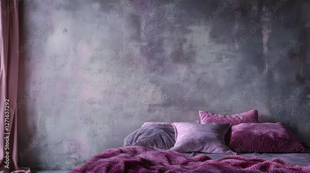Obraz premium Serene Bedroom Interior Design: Purple Hues and Textured Walls