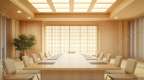 Serene Japanese-Inspired Minimalist Conference Room with Simple Wooden Decor and Neutral Ambiance