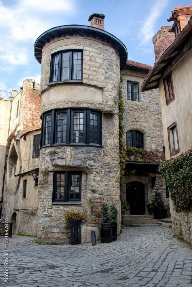 Historic stone building with circular tower in a quaint cobblestone alleyway surrounded by charming architecture in a European village Historic stone building with circular tower in a quaint cobblestone alleyway surrounded by charming architecture in a European village