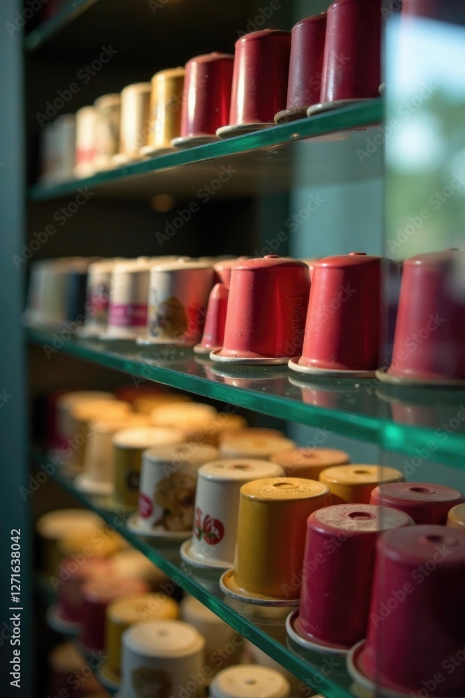 Coffee capsule rows stacked on a glass shelf with soft natural light, storage, light, glass Coffee capsule rows stacked on a glass shelf with soft natural light, storage, light, glass