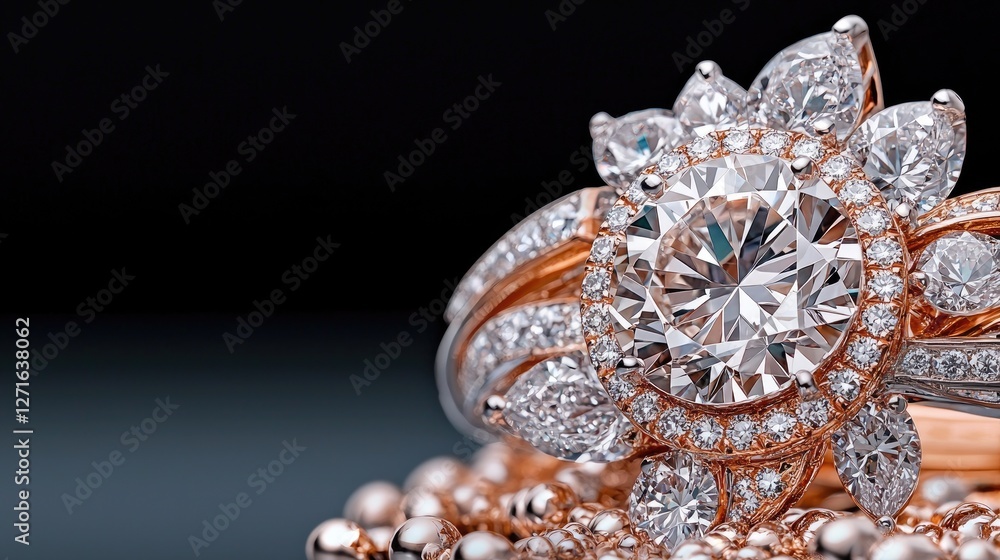 Rose gold diamond ring close-up, jewelry ad Rose gold diamond ring close-up, jewelry ad