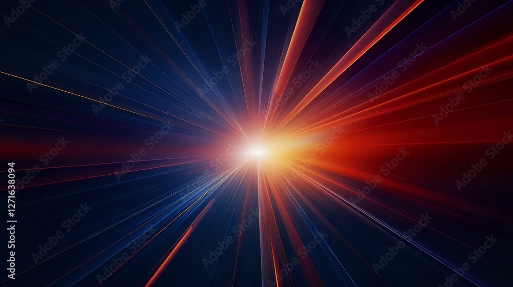 Dramatic light burst with red and blue rays radiating from bright center point against dark background, creating dynamic speed and motion effect. Dramatic light burst with red and blue rays radiating from bright center point against dark background, creating dynamic speed and motion effect.