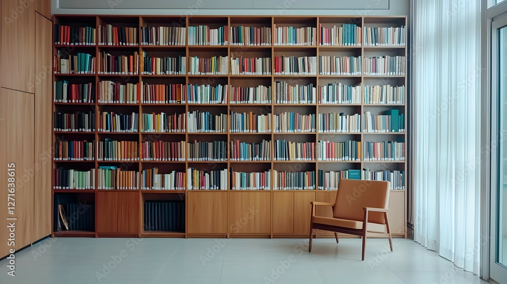 Full Wooden Bookcase Filled with Books and a Tan Chair in a Bright Room Full Wooden Bookcase Filled with Books and a Tan Chair in a Bright Room