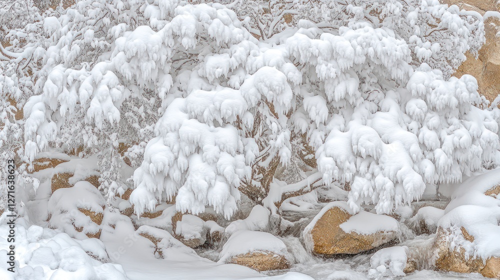 Winter Wonderland: Snow-Covered Branches Beside a Frozen Stream Winter Wonderland: Snow-Covered Branches Beside a Frozen Stream