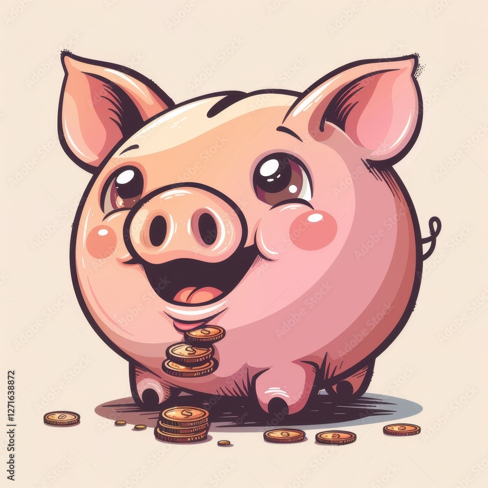 Fototapeta premium A piggy bank with a smiling face, happily collecting coins, cartoon vector art