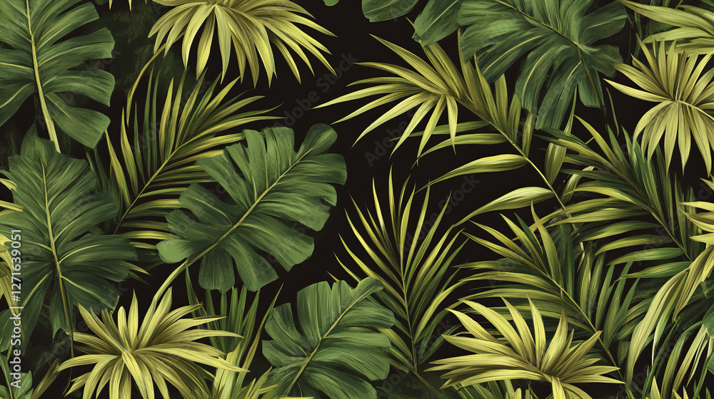 Dark tropical palm leaves on a deep green background, perfect for summer designs, travel themes, spa promotions, and natural branding with vibrant, lush foliage and exotic botanical details Dark tropical palm leaves on a deep green background, perfect for summer designs, travel themes, spa promotions, and natural branding with vibrant, lush foliage and exotic botanical details