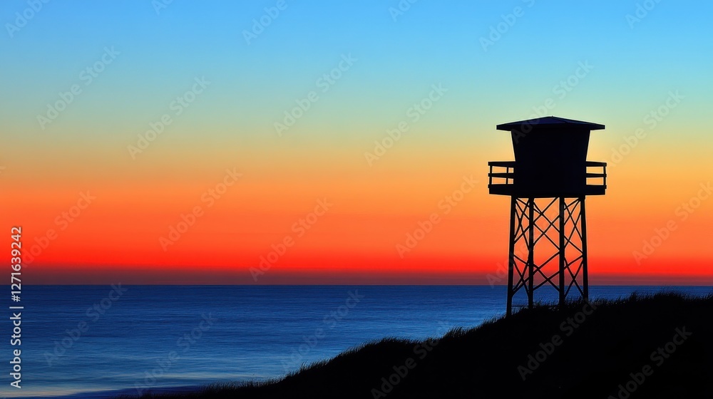 Sunset Over Ocean with Lifeguard Tower Silhouette at Beach Sunset Over Ocean with Lifeguard Tower Silhouette at Beach