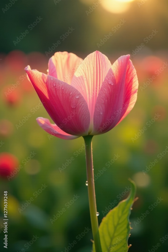 Naklejka premium Delicate petals glisten with dew in the morning light, lute on field, field,