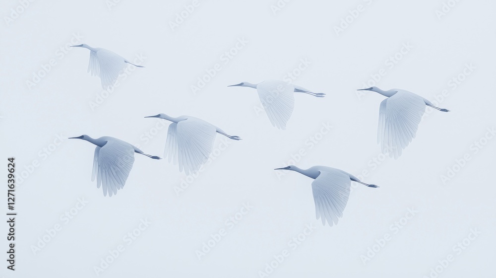Obraz premium Flock of white egrets flying together in formation against a bright overcast sky during daytime.
