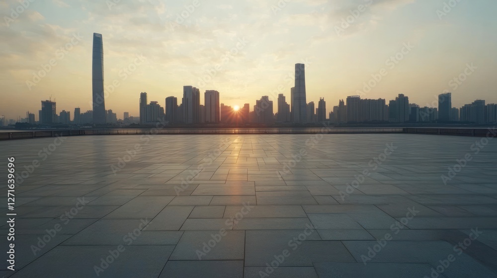 Obraz premium Sunrise over city skyline reflected on empty plaza.