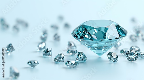 Sparkling aqua blue diamond surrounded by smaller scattered gems on light background, luxury jewelry concept with soft selective focus and reflective surface. photo