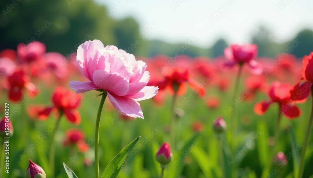 Field of pink peonies and red irises swaying gently in the breeze, botanical, field Field of pink peonies and red irises swaying gently in the breeze, botanical, field