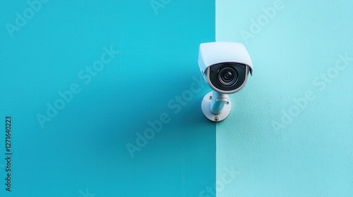 Security Camera Mounted on Bright Blue Wall with Two-Tone Effect