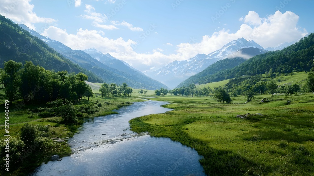 Serene River Valley Landscape with Lush Green Trees and Majestic Mountains under a Sunny Sky Serene River Valley Landscape with Lush Green Trees and Majestic Mountains under a Sunny Sky