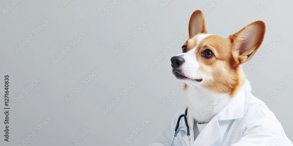 This playful dog wearing a doctor's coat and a stethoscope looks ready to offer care to furry patients. The setting suggests a veterinary clinic providing ample copy space for text This playful dog wearing a doctor's coat and a stethoscope looks ready to offer care to furry patients. The setting suggests a veterinary clinic providing ample copy space for text