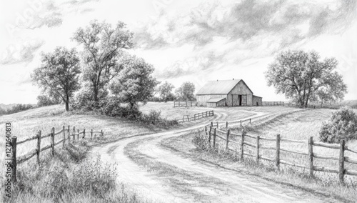 Wallpaper Mural Realistic Pencil Sketch of a Rustic Barn with Country Road and Trees in a Rural Landscape Torontodigital.ca