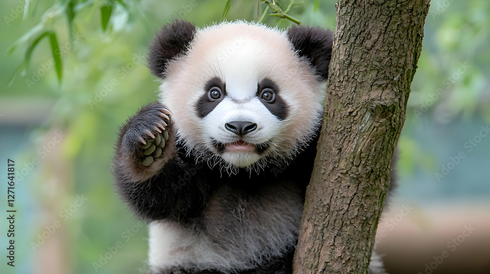 Fototapeta premium Cute panda cub climbing tree, green leaves background