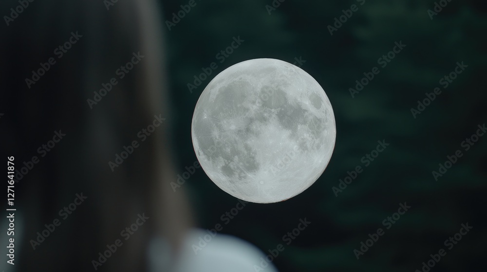 Full moon viewed from behind a person in forest. Possible use Astronomy, nature photography Full moon viewed from behind a person in forest. Possible use Astronomy, nature photography