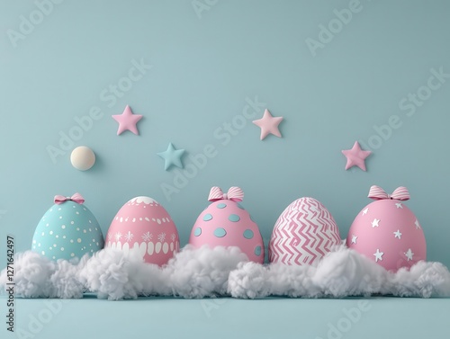 Whimsical fantasy Easter eggs with swirling clouds and starry accents, creating a dreamlike spring setting