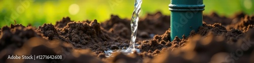 Pipe inserted into the soil with water coming out, soil, land