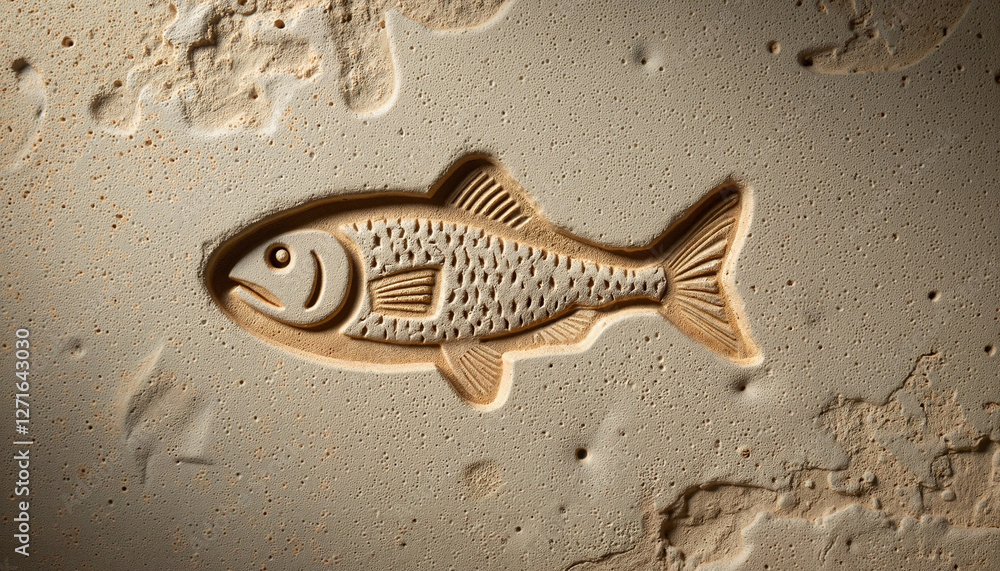 Ichthys fish symbol intricately carved into rough stone, highlighting its textured surface Ichthys fish symbol intricately carved into rough stone, highlighting its textured surface