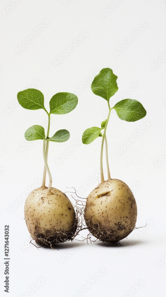 Two young potatoes proudly stand side by side, their earthy skins adorned with roots and vibrant leaves. A fresh symbol of growth and nourishment, they bask in a bright, airy space Two young potatoes proudly stand side by side, their earthy skins adorned with roots and vibrant leaves. A fresh symbol of growth and nourishment, they bask in a bright, airy space