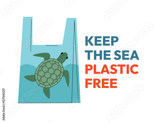 Keep the Sea Plastic-Free Vector Illustration Turtle Trapped in a Plastic Bag, Ocean Pollution Awareness, EcoFriendly Environmental Campaign Design. Vector illustration