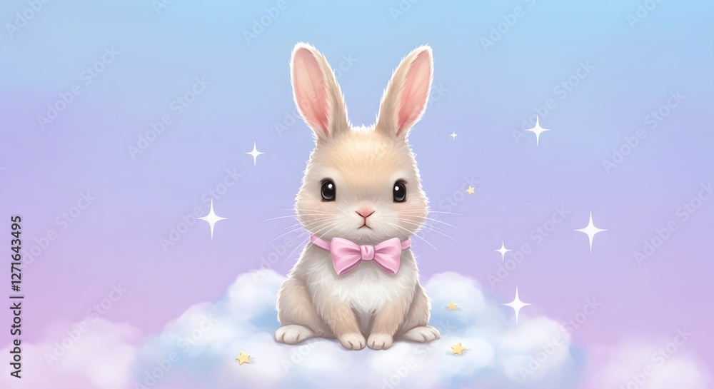 Obraz premium Cute Rabbit Wearing Bow Tie Sitting on Cloud with Stars