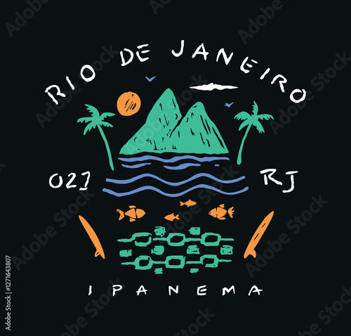 Art in a stripped-down style of composition with silhouettes alluding to the city of Rio de Janeiro, Brazil. Stylized design for prints on t-shirts, posters, etc.