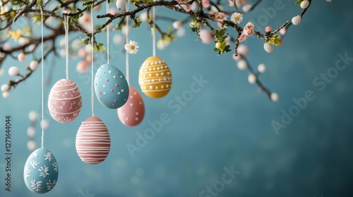 Handdipped Easter eggs with swirling tiedye colors, hanging from a festive Easter tree photo