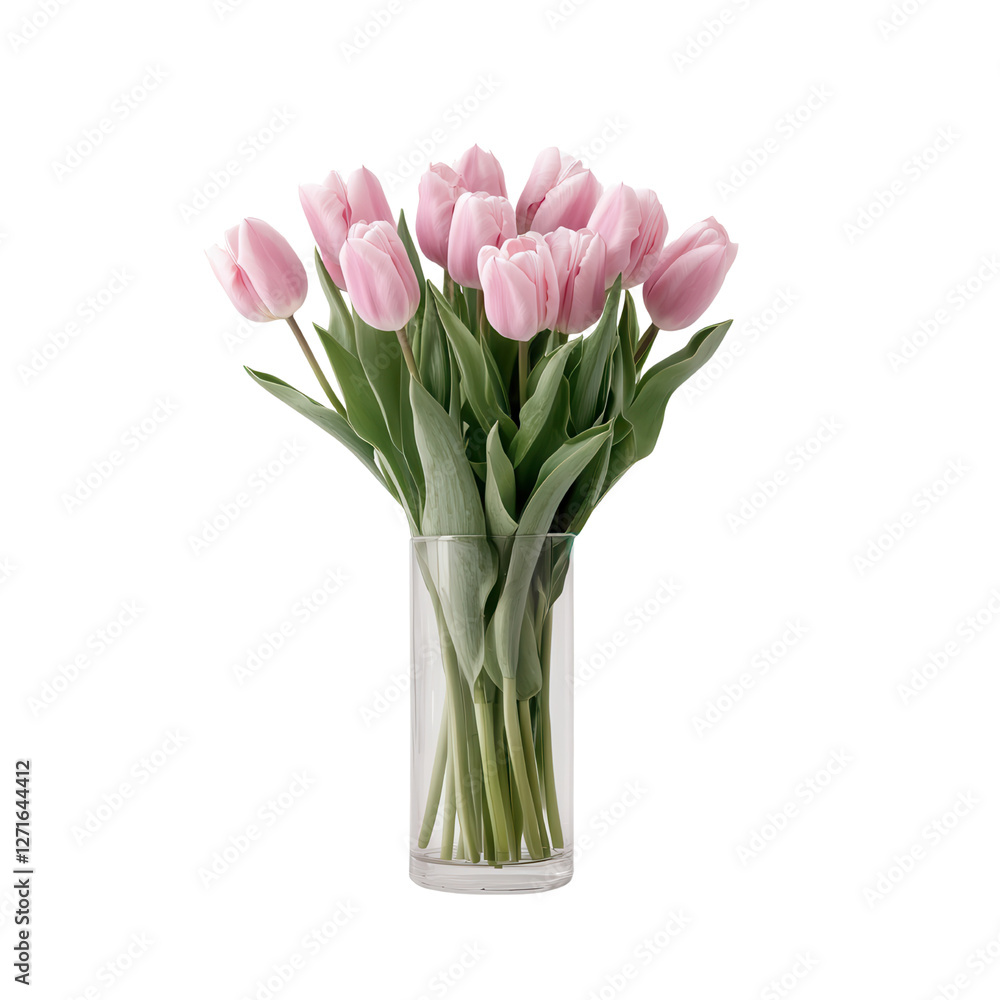 Elegant Arrangement of Soft Pink Tulips in Clear Glass Vase Surrounded by Fresh Green Leaves for Stylish Home Decor Elegant Arrangement of Soft Pink Tulips in Clear Glass Vase Surrounded by Fresh Green Leaves for Stylish Home Decor