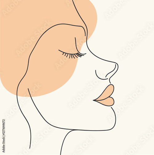 Vector Abstract woman face portrait in minimalistic one line style. Female wall print. Modern model girl sketch template black line square composition  for cosmetology, plastic surgery, rhinoplasty
