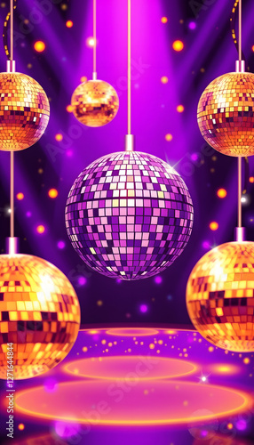 disco background with disco balls in purple and gold lighting, sticker style. White tone