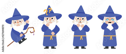 A flat style cartoon wizard character in various poses suitable for animation
