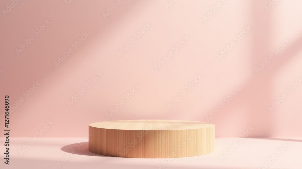 Simple Wooden Display Platform on a Pale Pink Background with Soft Lighting Simple Wooden Display Platform on a Pale Pink Background with Soft Lighting