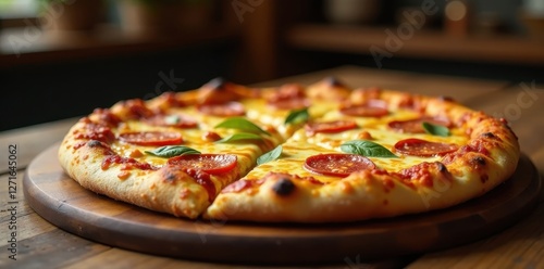 Wallpaper Mural A Delicious Pepperoni Pizza with Melted Cheese and Fresh Basil on a Rustic Wooden Board Torontodigital.ca