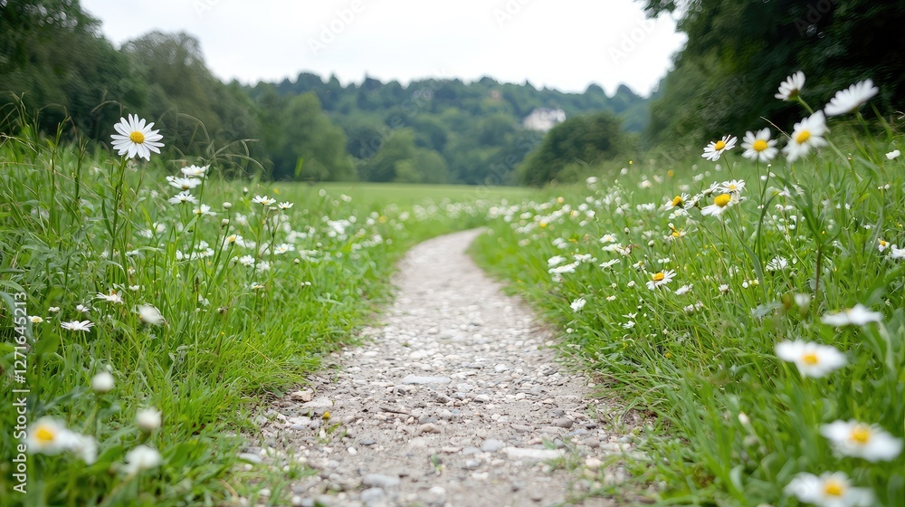 Obraz premium Gravel path through daisy field, forest backdrop; nature scene