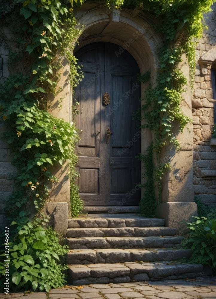 Stone steps lead up to a mysterious, ancient door hidden behind a curtain of ivy, to, atmospheric, door Stone steps lead up to a mysterious, ancient door hidden behind a curtain of ivy, to, atmospheric, door