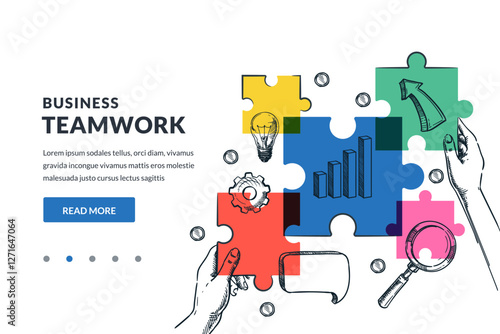Hands with pieces of puzzle. Vector hand drawn sketch teamwork illustration. partnership, marketing strategy concept