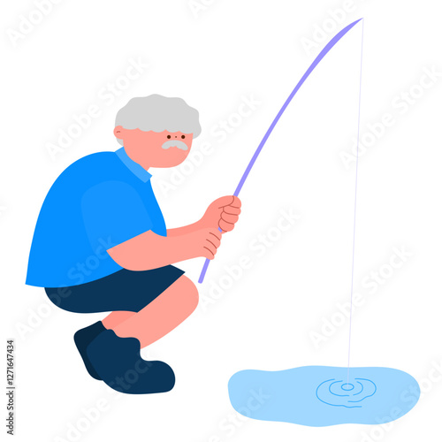 senior man fishing flat vector illustration