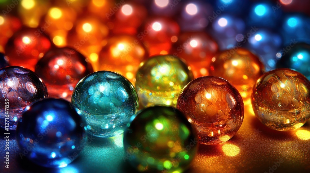 Vibrant glass spheres in a colorful array, reflecting light and creating a mesmerizing display.