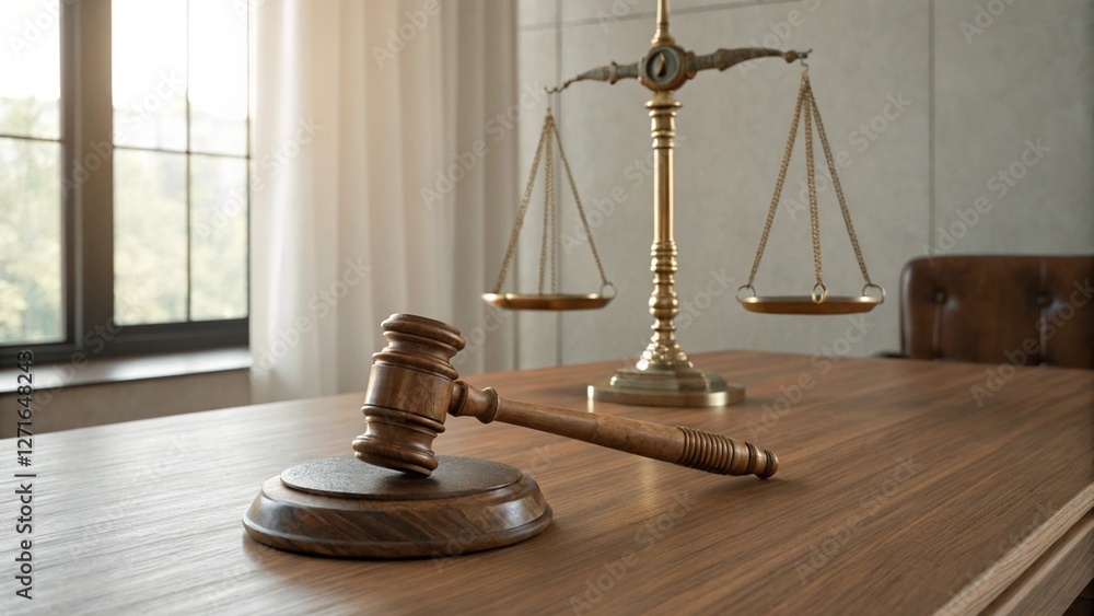 Justice and Law: Symbol of Balance with Scales and Gavel in a Sunlit Courtroom Setting Justice and Law: Symbol of Balance with Scales and Gavel in a Sunlit Courtroom Setting
