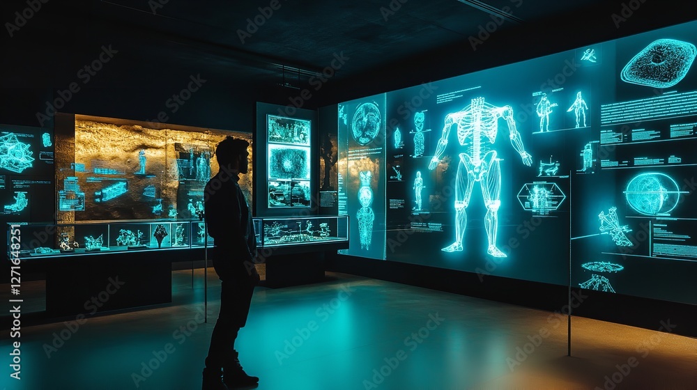 Human Anatomy Exhibition: A Museum or Gallery Space Featuring Holographic or Transparent Displays of the Human Body, Showcasing the Intricate Details of Anatomy, Physiology, and Medical Technology. Human Anatomy Exhibition: A Museum or Gallery Space Featuring Holographic or Transparent Displays of the Human Body, Showcasing the Intricate Details of Anatomy, Physiology, and Medical Technology.
