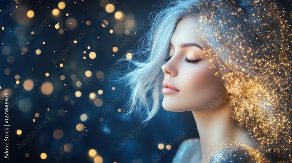 Celestial Dreamer: A serene young woman with ethereal silver hair, bathed in a soft glow of sparkling light, embodies the essence of serenity and grace. Celestial Dreamer: A serene young woman with ethereal silver hair, bathed in a soft glow of sparkling light, embodies the essence of serenity and grace.