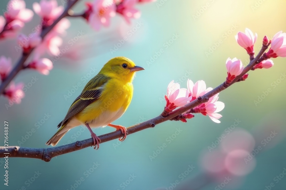 A vibrant yellow songbird delicately perched on a blossoming branch, surrounded by a soft, pastel floral halo A vibrant yellow songbird delicately perched on a blossoming branch, surrounded by a soft, pastel floral halo