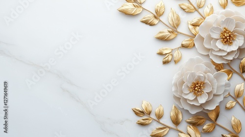 Fototapeta Naklejka Na Ścianę i Meble -  Luxurious golden leaves accentuate stucco peonies against a radiant white backdrop intricate floral artistry ultra-realistic 8K