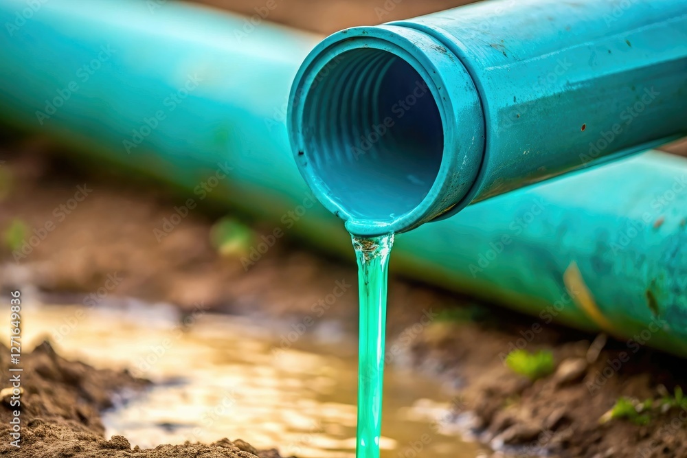 Teal colored liquid slowly dripping through a narrow pipe in the ground, soil, teal, underground, infrastructure Teal colored liquid slowly dripping through a narrow pipe in the ground, soil, teal, underground, infrastructure